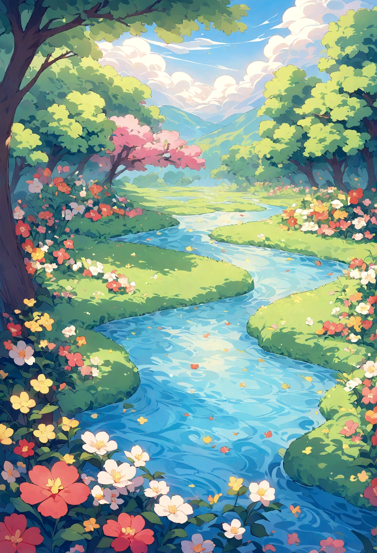 Pixelart generates a beautiful and tranquil image of a garden, There are colorful flowers, gentle stream, And the sounds of nature. Show tranquility, Life, and the beauty of a perfect day.