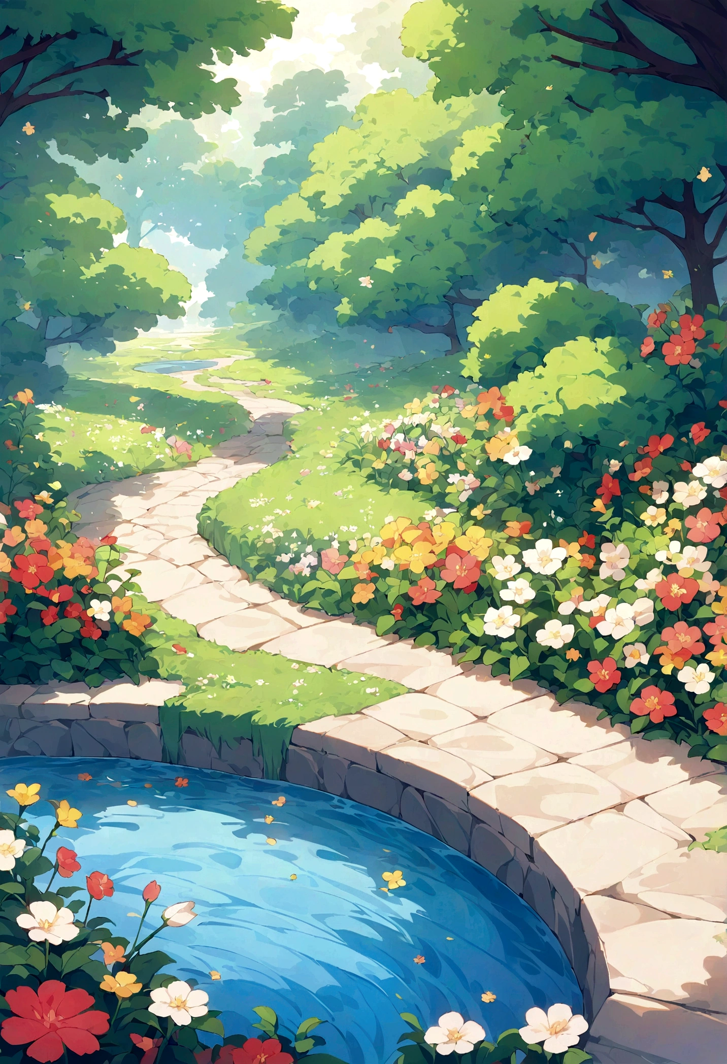 Pixelart generates a beautiful and tranquil image of a garden, There are colorful flowers, gentle stream, And the sounds of nature. Show tranquility, Life, and the beauty of a perfect day.