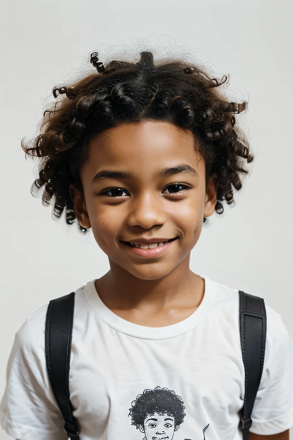 Drawn Happy Anglo-Saxon Black Boy with White Background and Curly Hair Dressed in Childish Drawings