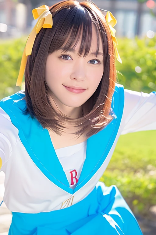 (RAW Photos:1.2), (Realistic:1.4),(masterpiece:1.3),(highest quality:1.4),超High resolution,(Fine grain),(Detailed facial features),(Detailed clothing features),High resolution,8K resolution, Focus Only, View Viewer, (bangs:1.1), dream-like, (Highly detailed illustration), One girl,cute, Innocent, (smile), (whole body) , Haruhi_srf, White long sleeve shirt with blue collar, Blue Skirt, Yellow ribbon, Are standing,、smile、Free pose、