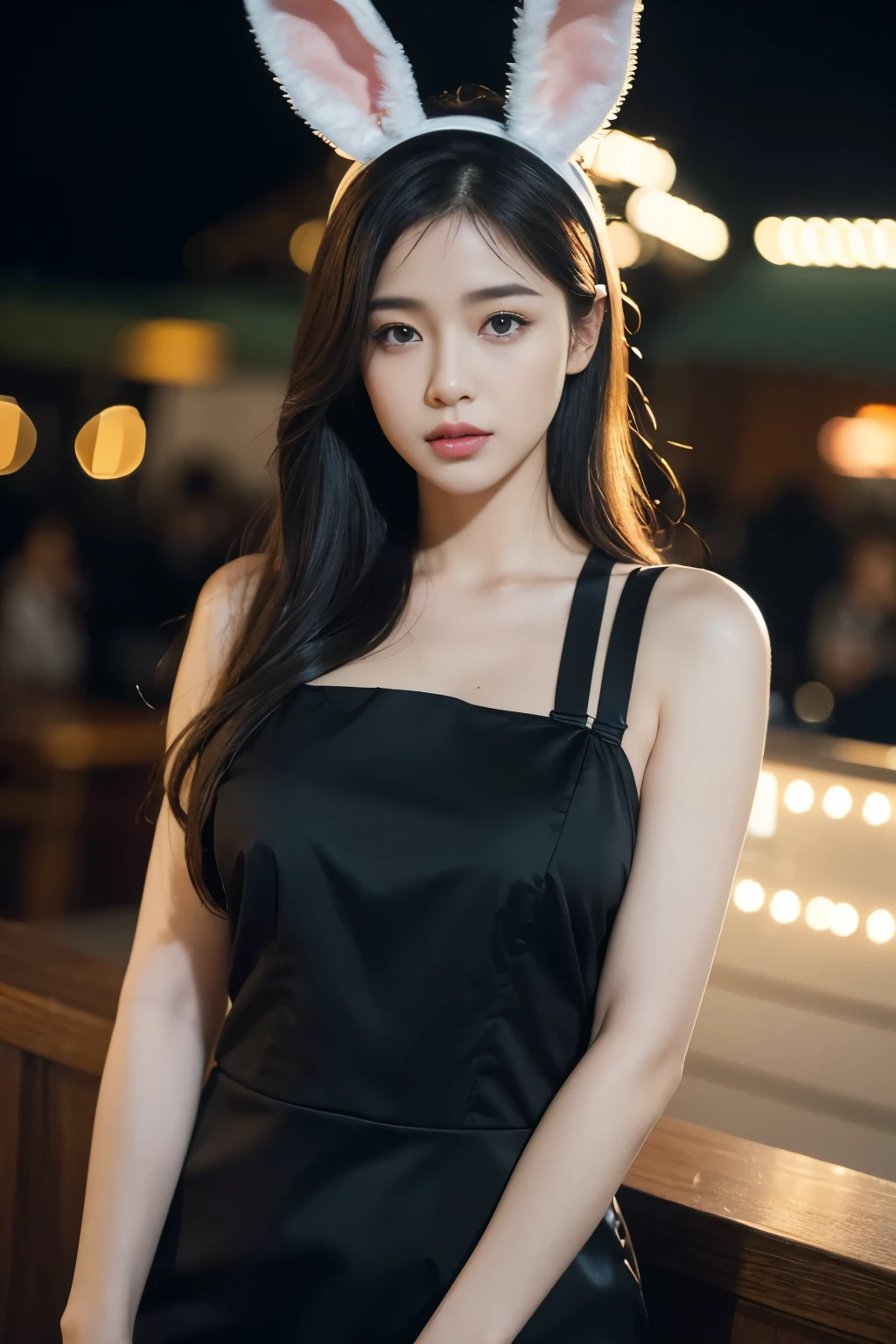 beautiful detailed eyes, beautiful detailed lips, extremely detailed eyes and face, long eyelashes, 1girl, korean, wearing bunny ears bandana, wearing waiter black and white clothes, plump body type, standing at cafe, night scene, bokeh background, (best quality,4k,8k,highres,masterpiece:1.2),ultra-detailed,(realistic,photorealistic,photo-realistic:1.37),cinematic lighting,intricate details,vibrant colors,atmospheric lighting,moody lighting