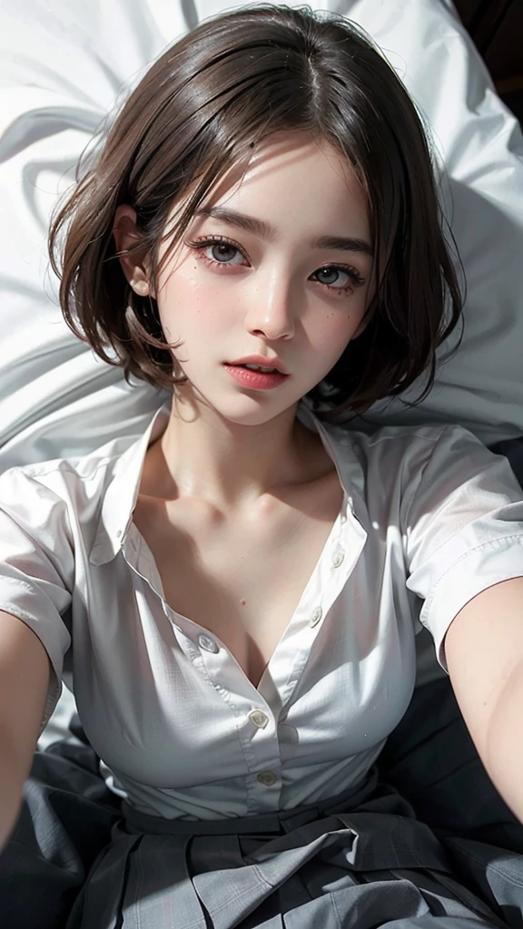 (highest quality, masterpiece:1.3), shape, ((Beautifully detailed face)), beautifully detailed skin, Intricate details, Very detailed, Best image quality in 8K, The true picture () (18 year old high school girl:uniform,White short sleeve shirt,Pleated skirt,Black Lingerie,All buttons on the shirt are unbuttoned) (Small breasts), ,Japanese Girls,One Girl,Baby Face,(Detailed Hair,Bobcut,Black Hair),Detailed lips,Open your mouth,(Lying in bed,Sleep on your back:1.2,Top View),blush,Embarrassing,Realistic Face,Realistic Skin,(sexy:2.0,Clothes are disheveled),(Vibrant Skin,Moisturized Skin:1.2),Vivid lips,Lip gloss