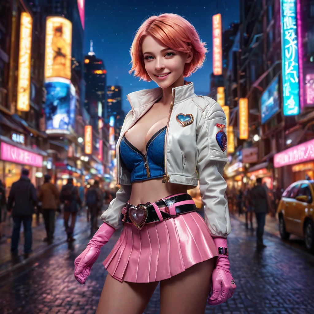Topless girl,cowboy shot, beautiful nora_valkyrie, looking at viewer, smile, short hair, blue eyes,heart cutout, gloves, jacket, pink skirt, pink belt, short sleeves, puffy sleeves, single armband, fingerless gloves, orange hair, pink gloves, dynamic pose, night, outdoors, city, (volumetric lighting), best quality, masterpiece, intricate details, tonemapping, sharp focus, hyper detailed, trending on Artstation, yellow thong