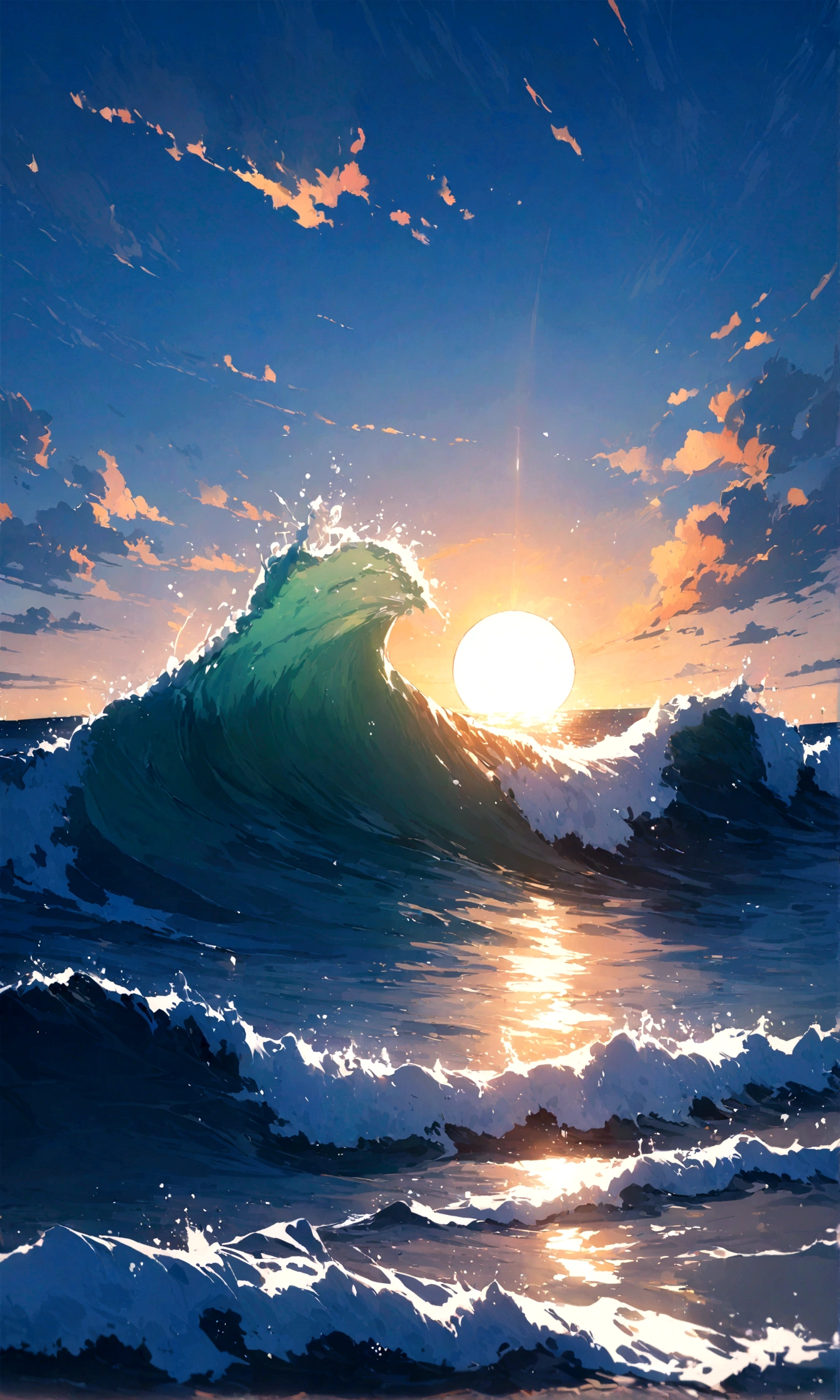 masterpiece, highest quality, bright colors, horizontal line, ocean, wave, sun, beautiful, on the water
