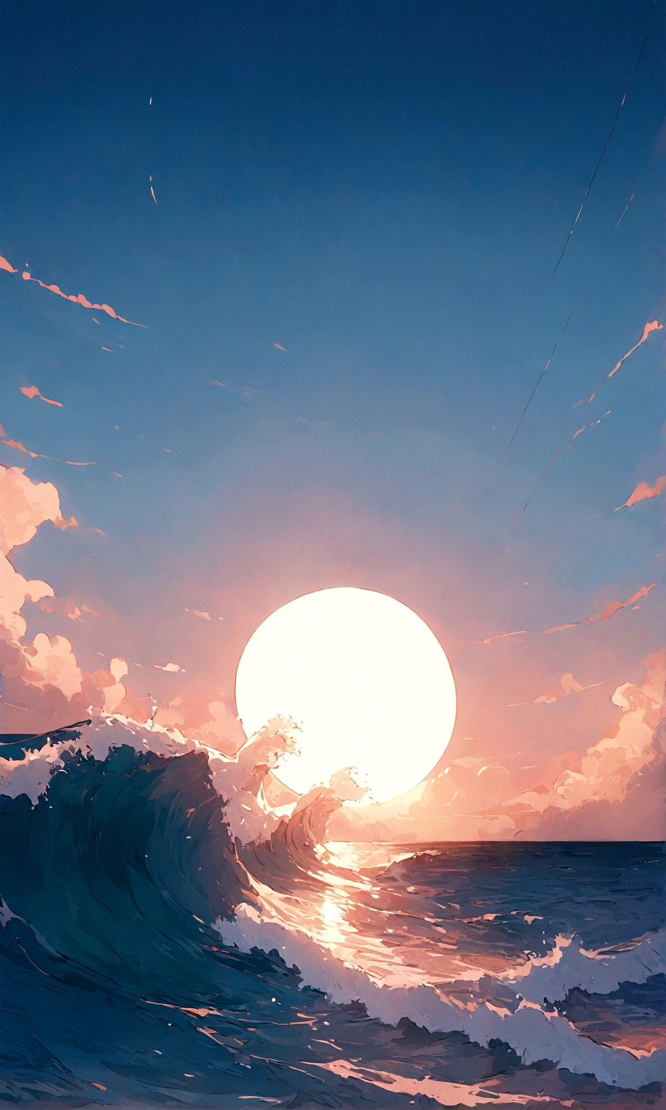 masterpiece, highest quality, bright colors, horizontal line, ocean, wave, sun, beautiful, on the water