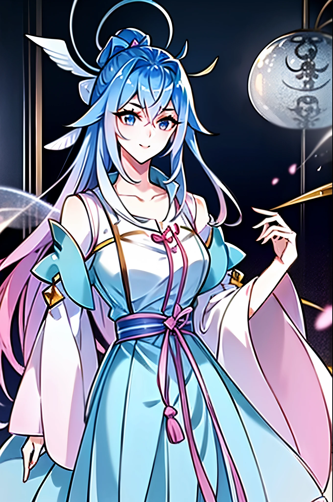 best quality at best, Ultra-high resolution, (((1 girl))),Hourglass figure, Large Breasts, Pink and blue hair, Powder blue highlights,Powder blue hair,light blue hair,Long Pig,Long Pig,Long dispersion,Powder blue eyes,Super thin face, Tattoo,Tattoo,masterpiece, best quality, Smile, Game Fairy, Hanfu, yarn, 飘逸轻yarn, Jewelry, (focus), (((rich and colorful))), Particle Effects , masterpiece, best quality at best, Beautiful painting, meticulous, Very detailed, (masterpiece, best quality at best) CG unified 8K wallpaper,masterpiece,best quality,Extremely detailed), Ultra-high-definition picture quality,Clear face,Nice hands