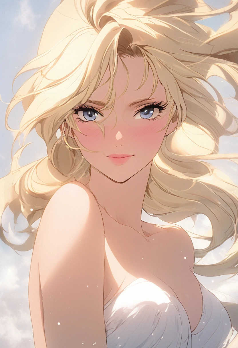 looking away, shift off center, cinematic perspective), fully naked blond woman, noble, (shy orgasmic face), , large breast, mature body size