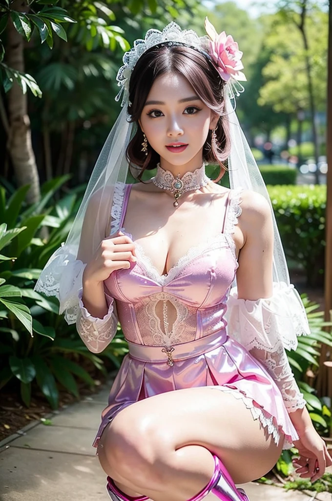 nsfw, sexy golden Thai princess, only 1 female, ((doll-like appearance)), short neon pink stylish hair, ((shiny Victorian-Style boots)), (big smile), ultra detailed eyes, vivid eye makeup, lipgloss, long lashes, defined eyebrows, ((sexy Paradise Kiss cosplay)), bell-shaped skirt, petticoats, high neckline, puffed sleeves, ((ultra detailed lace)), ((ultra detailed embroidery)), intricate details, Paradise Kiss accessoires and matching headpiece, choker, ((large sparkling Paradise Kiss jewelry)), cinematic light, detailed large park background with trees