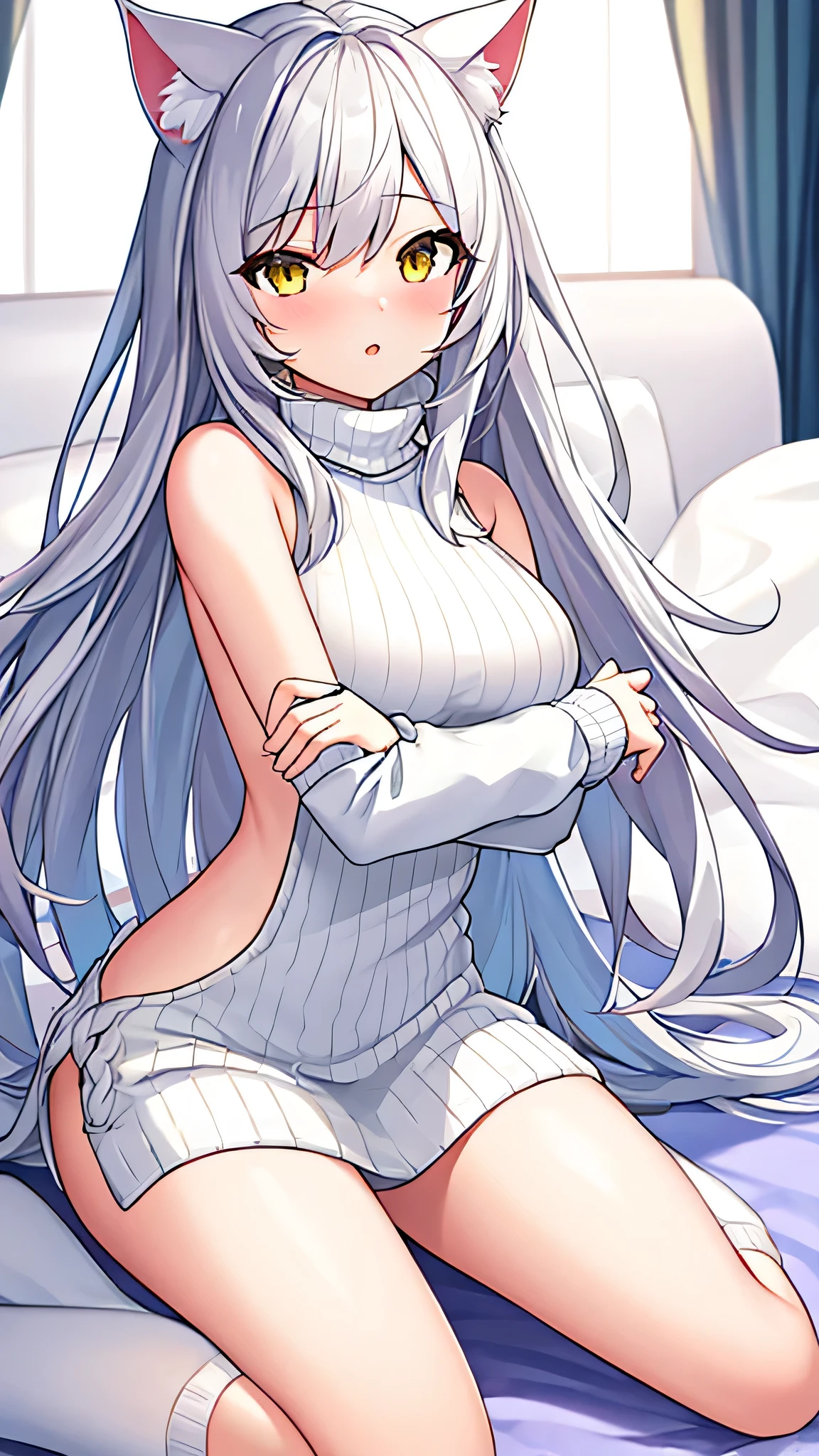 A 20-year-old female angel with long, white hair, yellow eyes, white cat ears, and a yellow halo ring. white turtleneck halter turtleneck sweater Pure Killer Sweater, Backless, Guernsey, White Dress, Wide White Arm Warmers. White long socks lying on the bed