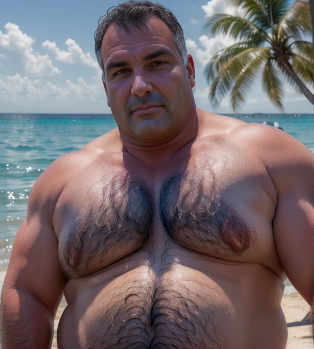1 chubby man with extremely thick thighs , Careca, obeso, homem de meia idade, (((he is a construction worker he is working in construction)).camisa branca aberta mostrando a barriga e peitoral usando apenas sunga vermelha e meias, parado na rua, looking at the sky, luz do sol brilhante, Paradisiacal beach setting, gesturing with hands, conversando com o expectador