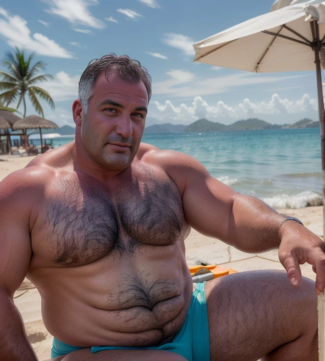 1 chubby man with extremely thick thighs , Careca, obeso, homem de meia idade, (((he is a construction worker he is working in construction)).camisa branca aberta mostrando a barriga e peitoral usando apenas sunga vermelha e meias, parado na rua, looking at the sky, luz do sol brilhante, Paradisiacal beach setting, gesturing with hands, conversando com o expectador 