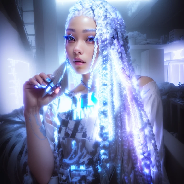 there is a woman with long white hair holding a scalpel, white neon hair in braids, box braids, long white neon braids, long braids, long braided white neon hair, long braided white neon hair, long braided white neon hair no topo da cabeça, trancinhas longas, braids, cornrows braids, braids in hair, white neon faded braided hair, twisted braids, white braids, cyberpunk, cyberpunk girl, asian eyes