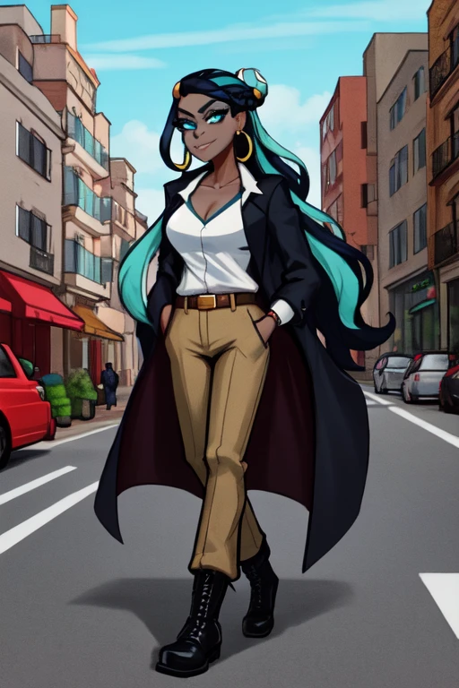 masterpiece, best quality, (Detailed face:1.2), (Detailed eyes:1.2), solo, 1girl, nessacasual, dark skin, aqua eyes, long hair, wavy hair, black hair, blue hair, aqua hair, multicolored hair, two-tone hair, hair bun, single hair bun, eyeshadow, slim feminine figure, medium breasts, arrogant smile, Opened black coat, white undershirt, brown pants, belt, black boots, hoop earrings, collarbone exposed, cleavage, walking, arms to the side, full body, outdoors, city street