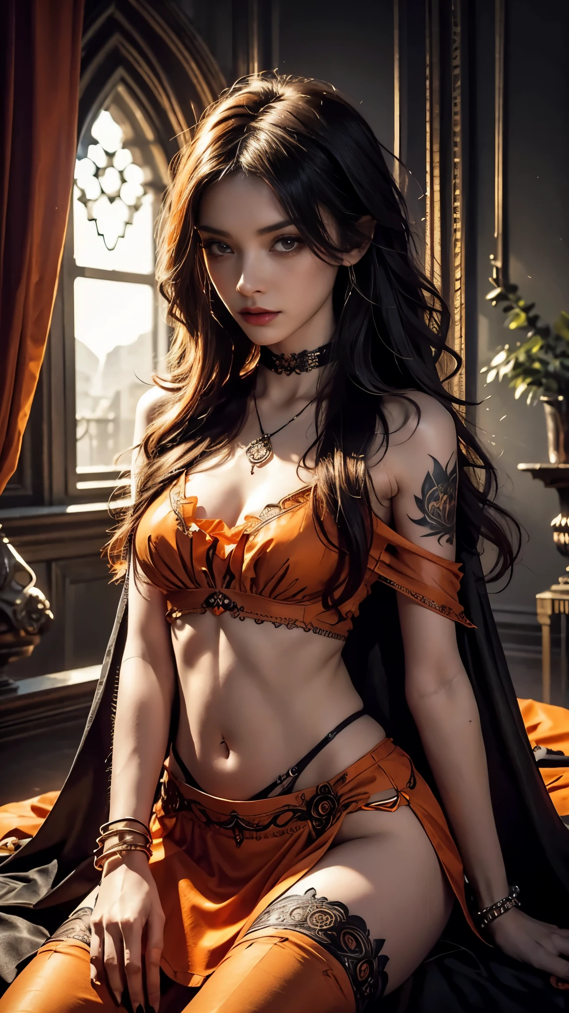 Gothic style photorealistic, 1girl, (Unreal tattoo), long hair, witch hair, solo, navel, detailed eyes, jewelry, bracelet, choker, small breasts, looking at viewer, realistic, necklace, (((orange clothing))), short mini skirt, bare shoulders, thigh highs, mesh cape, Dark, mysterious, haunting, dramatic, ornate, detailed, sitting,