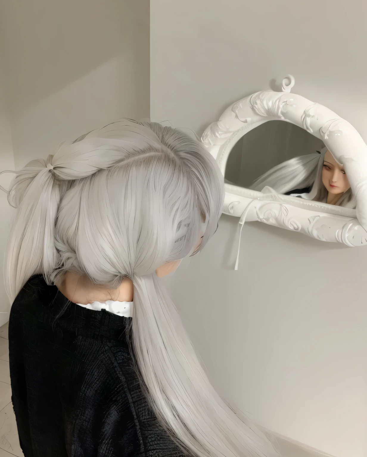 there is a woman with long gray hair and a mirror, cabelo loiro (rabo de cavalo), silver rabo de cavalo hair, her hair is white, Cabelo de nuvem branca, cabelo prateado rabo de cavalo, cloud-like cabelo branco, cabelo branco, girl silver rabo de cavalo hair, cabelos grisalhos nublados, cabelo branco floating in air, her hair is silver, silver cabelo branco, white rabo de cavalo hair, com cabelos longos brancos