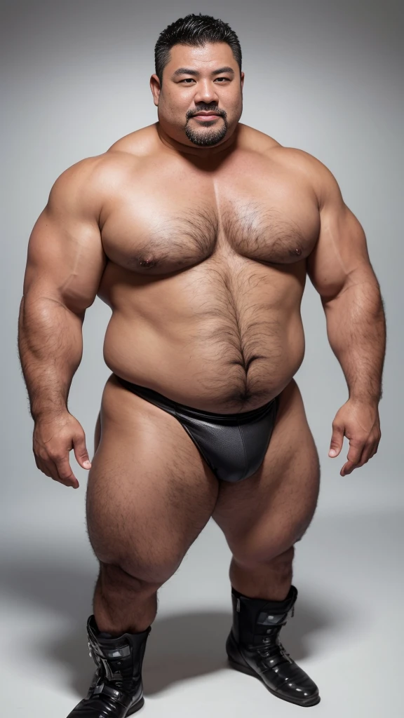 black hair, middle-aged man, individual, male, Muscular wrestler, muscular, Stout wrestler, Asian, Japanese, uncle, 55 year old middle-aged man, short hair, short hair, red wrestling boots, full body portrait, shadow, Vision, red briefs, obesity, 45 years old, short beard, middle-aged man, tattoo, fingerless gloves, Wheat skin, shiny skin, dark skin, Show your pectoral muscles, sumo wrestler, bodybuilder, wide temples, Visible abdominal muscles, Smile, Fine hands, solid color background, pure white background, Surrealism, Panorama, 8k, super detail,