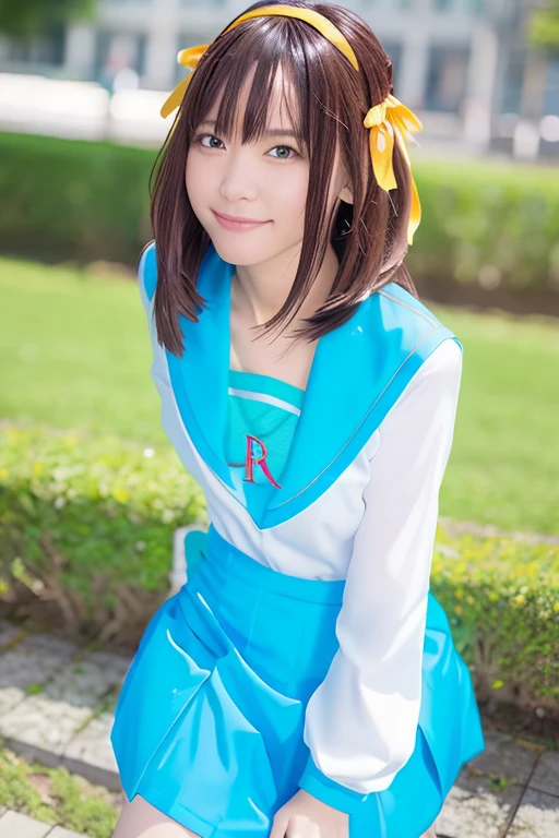 (RAW Photos:1.2), (Realistic:1.4),(masterpiece:1.3),(highest quality:1.4),超High resolution,(Fine grain),(Detailed facial features),(Detailed clothing features),High resolution,8K resolution, Focus Only, View Viewer, (bangs:1.1), dream-like, (Highly detailed illustration), One girl,cute, Innocent, (smile), (whole body) , Haruhi_srf, White long sleeve shirt with blue collar, Blue Skirt, Yellow ribbon, Are standing,ponytail、smile、