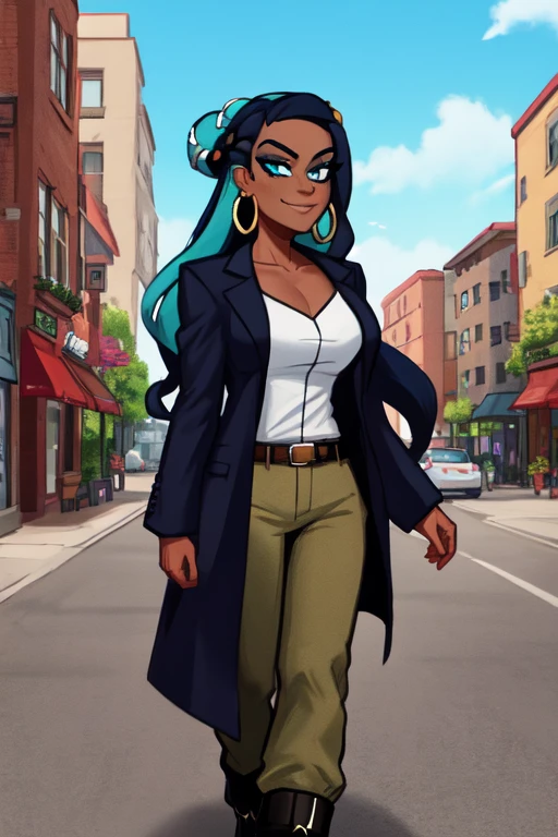 masterpiece, best quality, (Detailed face:1.2), (Detailed eyes:1.2), solo, 1girl, nessacasual, dark skin, aqua eyes, long hair, wavy hair, black hair, blue hair, aqua hair, multicolored hair, two-tone hair, hair bun, single hair bun, eyeshadow, slim feminine figure, medium breasts, arrogant smile, Opened black coat, white undershirt, brown pants, belt, black boots, hoop earrings, collarbone exposed, cleavage, walking, arms to the side, outdoors, city street