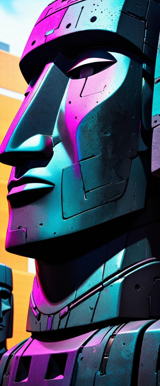 Face close-up, Moai statue, aesthetic, cyber punk, テンションの高いMoai statueの顔,