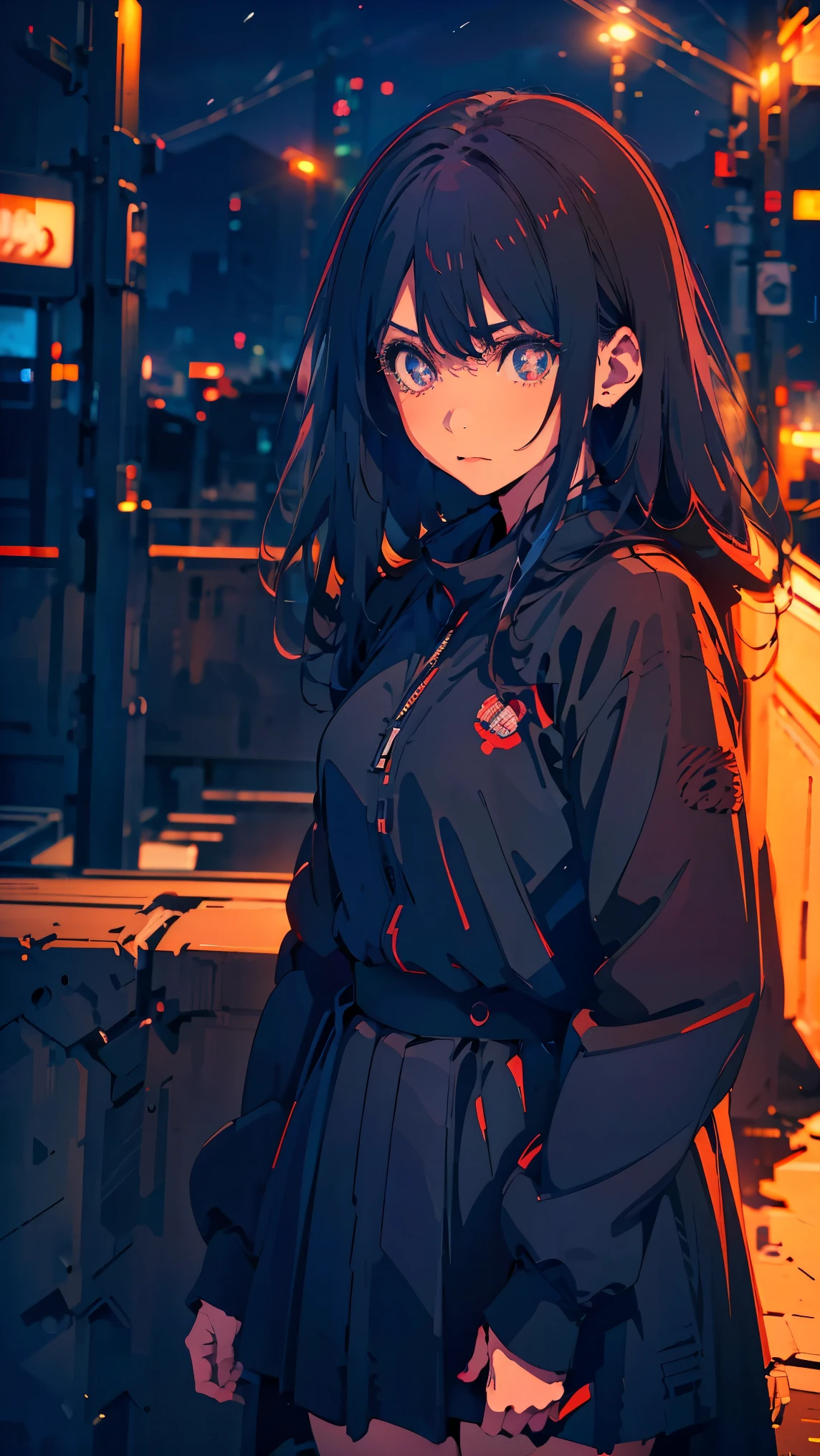 Girl1,Jujutsu Kaisen,(black coat,long black skirt,city),(night,neon),Very details,8K wallpapers, top quality, high precision, beautiful lighting, realistic shade, high precision, detailed skin, very detailed,(faces and detailed eyes,legs),cowboy shot