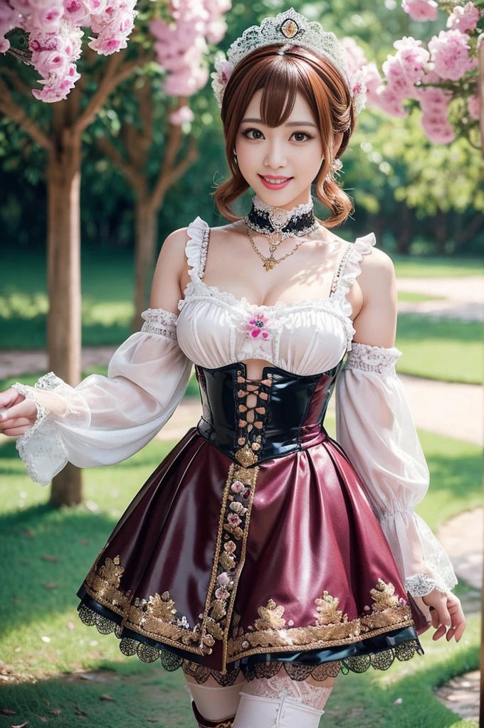 nsfw, sexy stylish Thai princess, only 1 female, ((doll-like appearance)), short Auburn stylish hair, ((shiny Victorian-Style boots)), (big smile), ultra detailed eyes, vivid makeup, lipgloss, long lashes, defined eyebrows, ((sexy Paradise Kiss cosplay)), bell-shaped skirt, petticoats, high neckline, puffed sleeves, ((ultra detailed lace)), ((ultra detailed embroidery)), intricate details, Paradise Kiss accessoires and matching headpiece, choker, ((large sparkling Paradise Kiss jewelry)), cinematic light, detailed large park background with trees