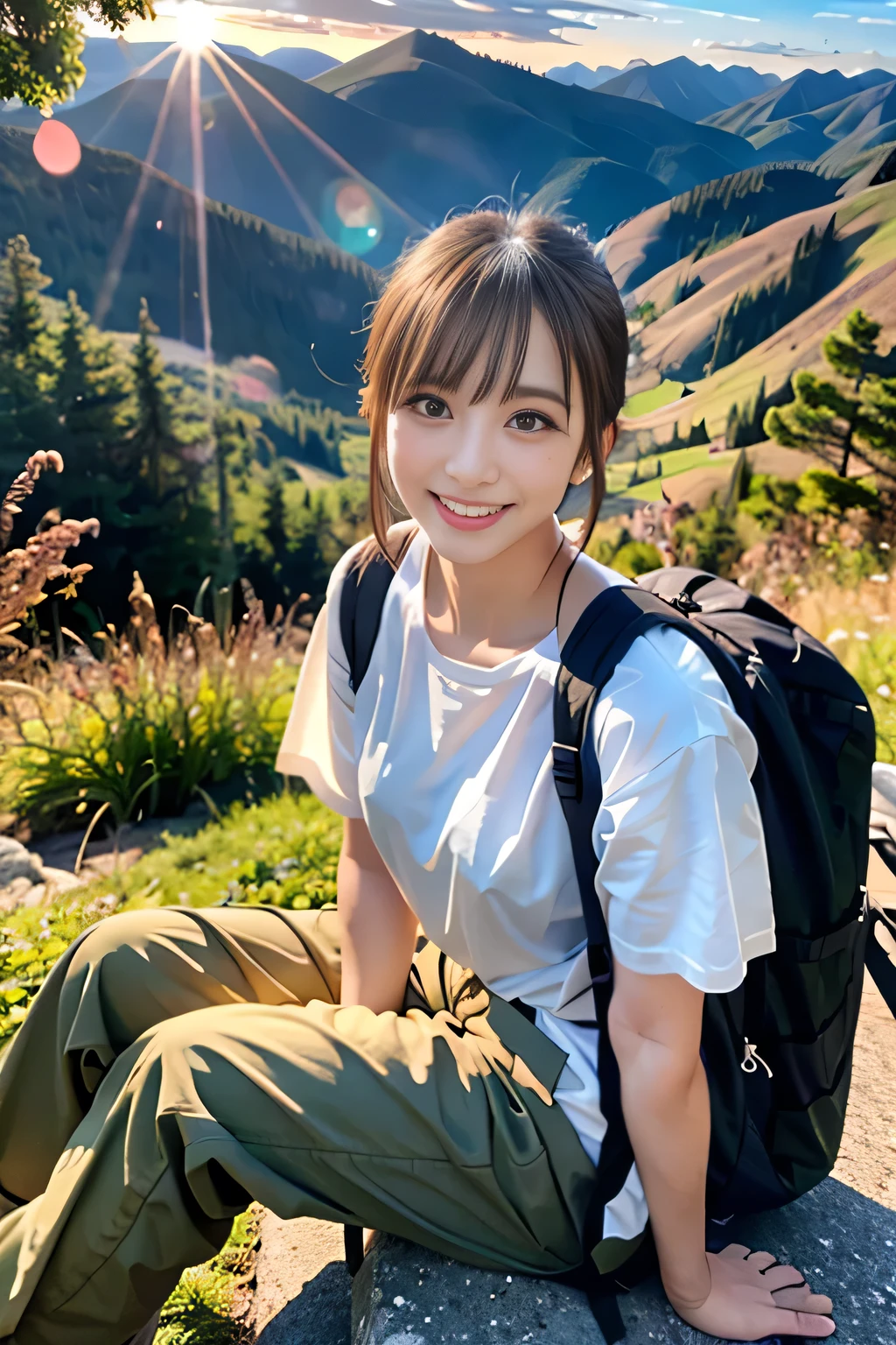 (highest quality、Ultra-realistic shooting)、Majestic Mountain、sea of clouds、Woman watching the sunset、Selfie、((Upper Body))、White T-shirt、Trekking pants、Trekking boots、rucksack、(Very delicate face、so beautiful)Maid、Very delicate eyes、Highly detailed nose、Very sophisticated mouth、Highly detailed facial features)、beauty、18-year-old、Laughing happily