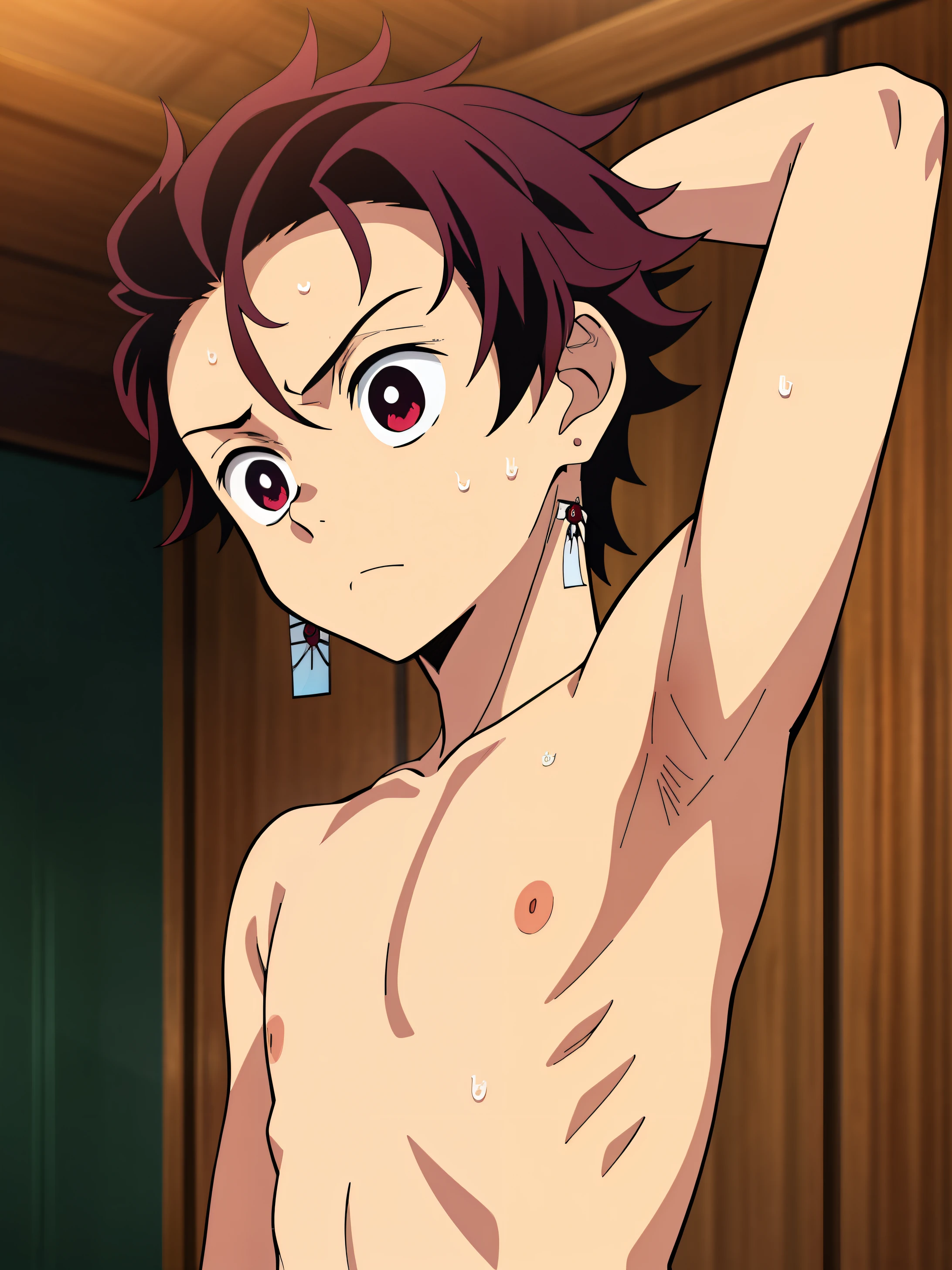 Highres, Masterpiece, Best quality at best,Best Quality,hight quality, hight detailed, Anime style, 1boy, Boy, Shota, Solo person, Tanjiro_kamado, Demon slayer, Earring, Shirtless, bare chest, Slim body, Sweat, (Showing armpit:1.3), Upper body, Blurry beckground, from the front, (very young boy), (very small and short body)