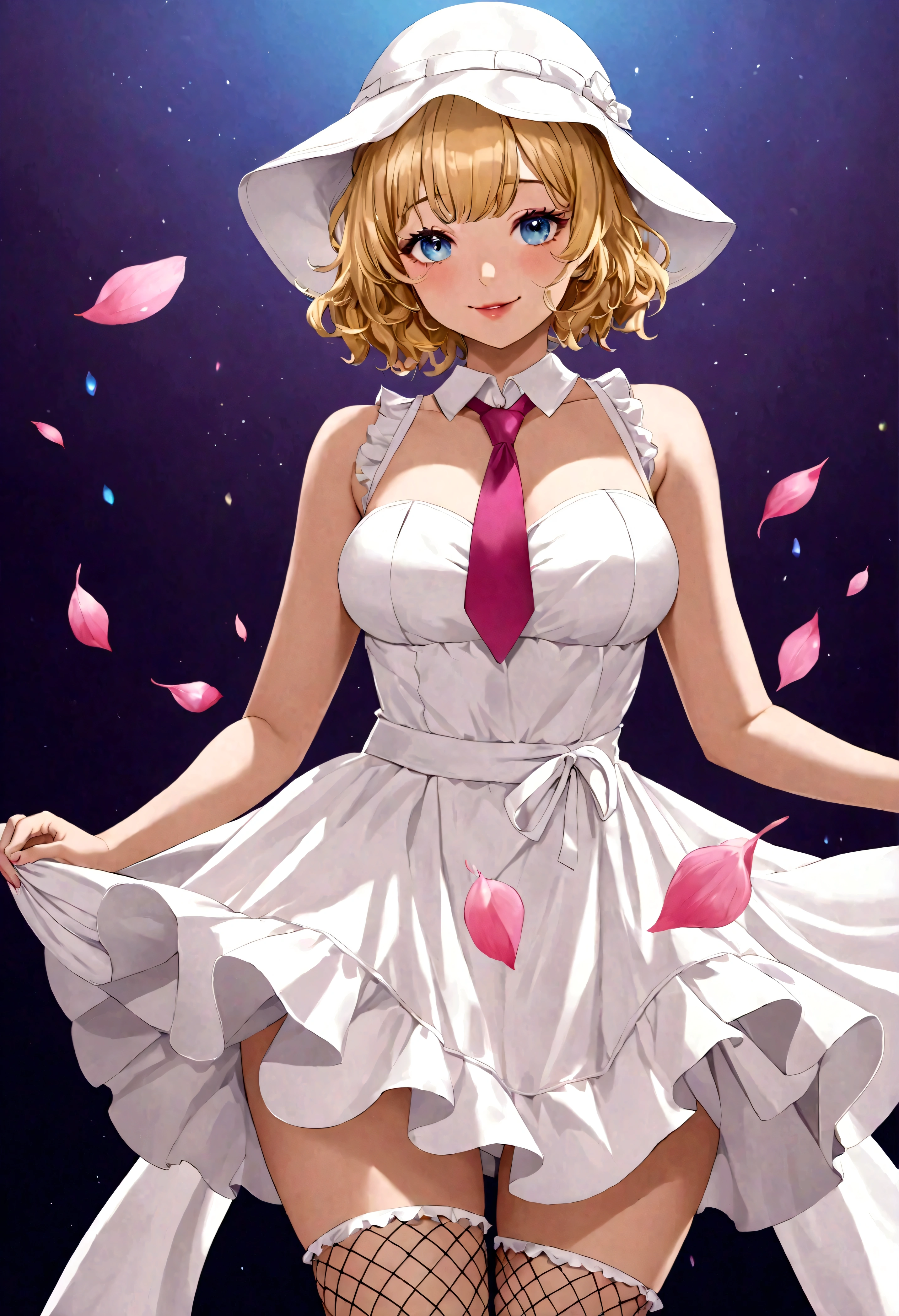 best quality, super fine, 16k, incredibly absurdres, extremely detailed, delicate and dynamic, beautiful and adorable lady, blonde messy wavy short hair, bluntly bangs, captivating look, aroused expression, teasing smile, grin, lewd smile, wearing pure white no-slave frilly miniskirt dress, white bucket hat, superlative body proportion, pink tie, black knee-high fishnet stockings, beautiful pose, blue eyes, crimson lips, iridescent petals fluttering down, iridescent pastel color light effects, beautiful artistic piece of art