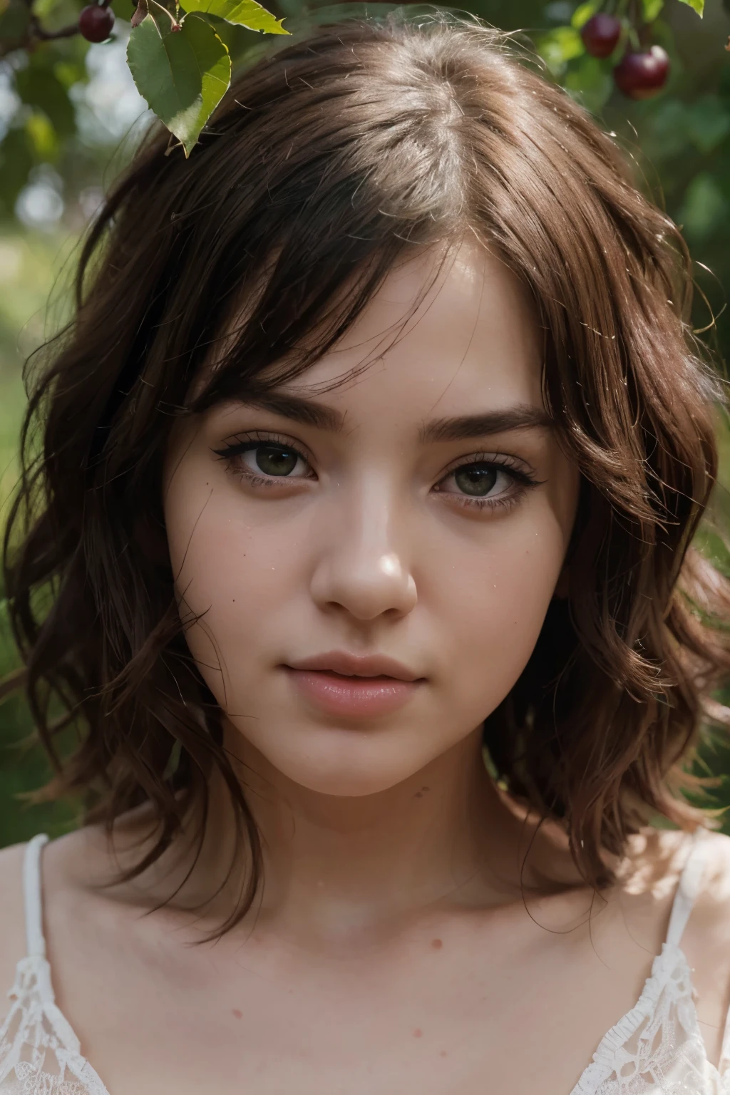 A cute anime girl with curly green hair, rosy cheeks, and a sweet cherry fruit expression, close-up detailed portrait, (best quality,4k,8k,highres,masterpiece:1.2),ultra-detailed,(realistic,photorealistic,photo-realistic:1.37),extremely detailed eyes and face,beautiful detailed eyes,beautiful detailed lips,longeyelashes,soft pastel colors,natural lighting,cinematic,digital painting,concept art