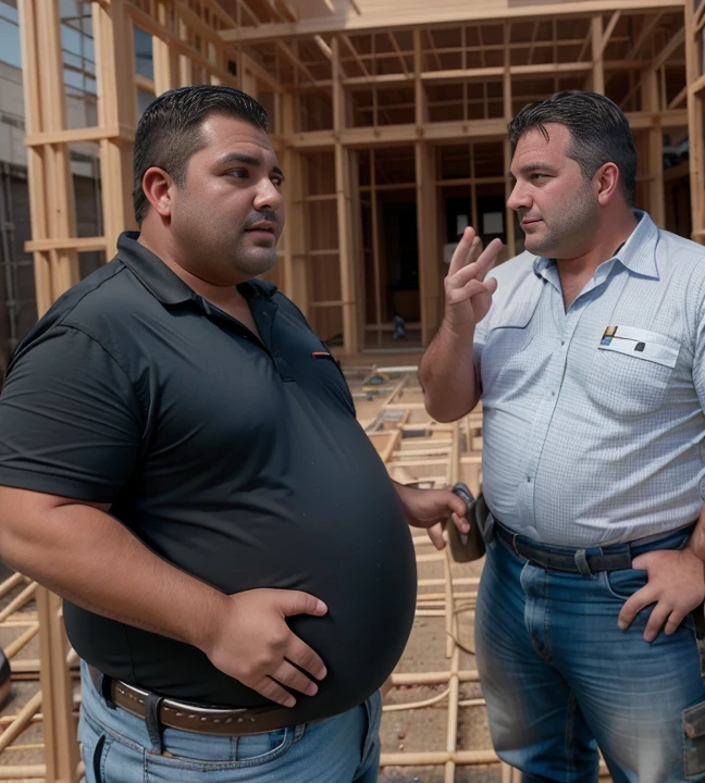 1 chubby man with , gesturing with hands, conversando com o expectador, ((he is a construction worker he is working in construction)).