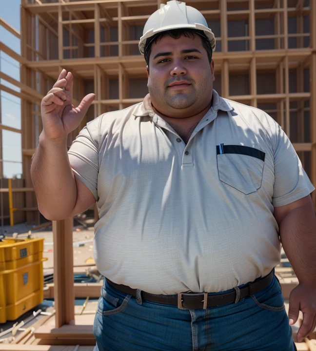 1 chubby man with , gesturing with hands, conversando com o expectador, ((he is a construction worker he is working in construction)).