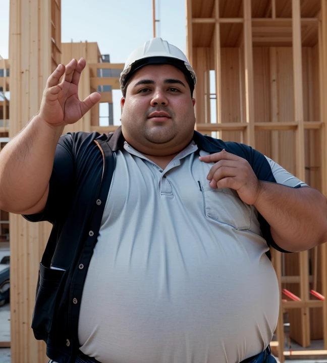 1 chubby man with , gesturing with hands, conversando com o expectador, ((he is a construction worker he is working in construction)).