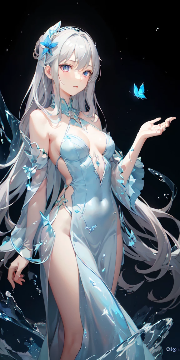 (俯瞰figure),Dynamic Angle,Super detailed, figure, close, Straight, One Man, his eyes shone like dream-like stars,(Glowing Eyes:1.233),(Beautiful and detailed:1.1),(Silver Hair:1.14),(medium hair,Hair between the eyes,),(Expressionless,Mouth closed),(Are standing),(White flower,bloom),(Deep Sea),(water flowing),(Dull Blue World Tree:1.14),(Remains),(night:1.2),dream-like,soul,(fluorescence),(Flying translucent blue erfly:1.15), [[Delicate fingers and hands:0.55]::0.85],(Finger details),(Soup packets:0.5),