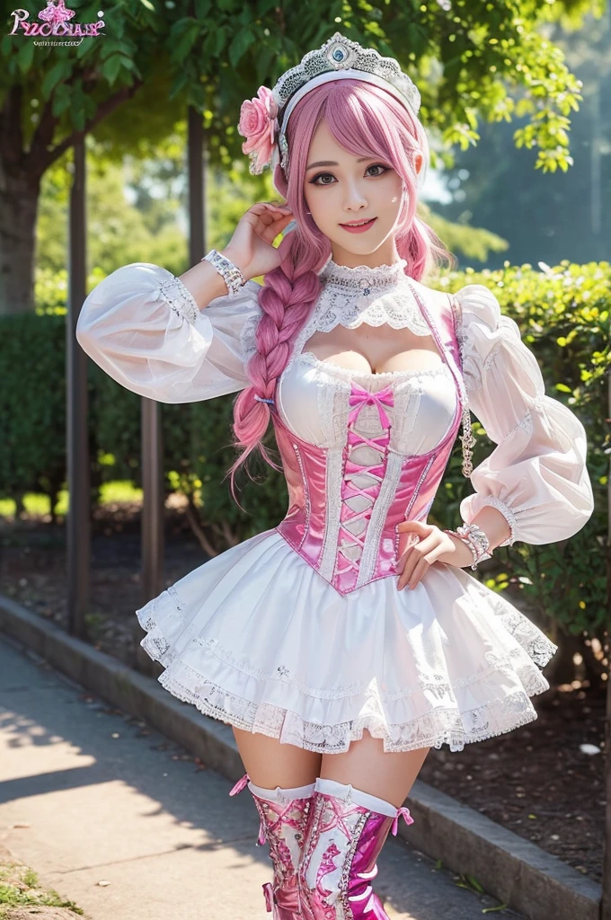 nsfw, sexy stylish Swedish model, only 1 female, ((doll-like appearance)), short neon pink stylish hair, ((shiny Victorian-Style boots)), (big smile), ultra detailed eyes, vivid eye makeup, lipgloss, long lashes, defined eyebrows, ((sexy Paradise Kiss cosplay)), bell-shaped skirt, petticoats, high neckline, puffed sleeves, ((ultra detailed lace)), ((ultra detailed embroidery)), intricate details, Paradise Kiss accessoires and matching headpiece, choker, ((large sparkling Paradise Kiss jewelry)), cinematic light, detailed large park background with trees