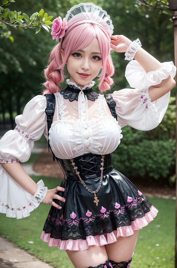 (nsfw), sexy stylish Swedish model, only 1 female, ((doll-like appearance)), long neon pink stylish hair, ((shiny Victorian-Style boots)), (big smile), ultra detailed eyes, vivid eye makeup, lipgloss, long lashes, defined eyebrows, (medium naked breasts), ((sexy Paradise Kiss cosplay)), (naked aroused open pussy), bell-shaped skirt, petticoats, high neckline, puffed sleeves, (( ultra detailed lace)), ((ultra detailed embroidery)), intricate details, Paradise Kiss accessoires and matching headpiece, choker, ((large sparkling Paradise Kiss jewelry)), cinematic light, detailed large park background with trees