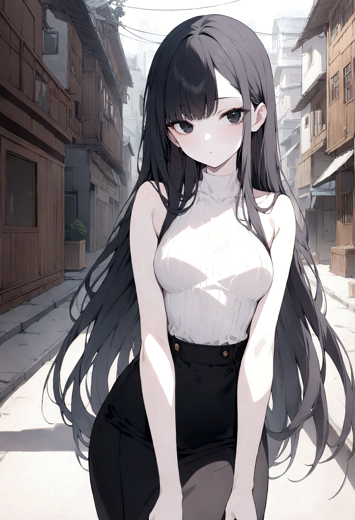 detailed, (masterpiece:1.2), (pale_skin:1.2), (alone:1.2), (woman), thin, (Shine_eye), Long Hair, bangs, Black Hair, Outdoor, No sleeve, black eye, wood, building, road