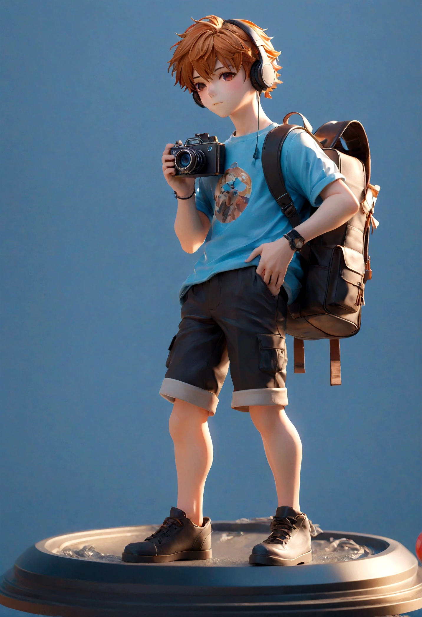 A chinese boy, With a headset, Wearing a shirt, camera, Carrying a camera backpack, full-body shot, 85mm lens, Ultra-high-definition picture quality, ue5 render, Ray Tracing, high detail, blind box toy style, UHD, super detail, high details, high quality，7 head body，Solid color background，Adult men