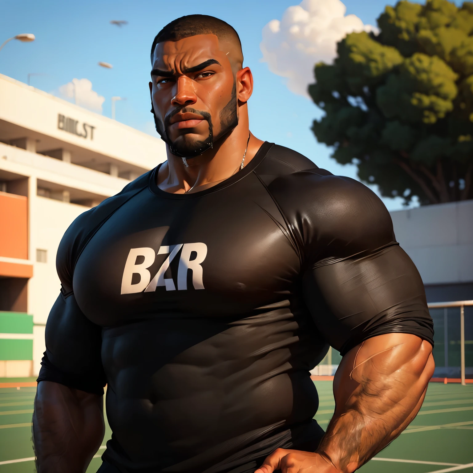 an exaggeratedly muscular and large bodyguard, beefy build, beard, dark-skinned african american male, buzzcut hair with square line, (confused expression: 1.2), (wearing black raglan shirt: 1.2), (bara pecs: 1.3), beefy pecs, (arm and chest hair: 1.2), portrait HD, (outdoor track field)