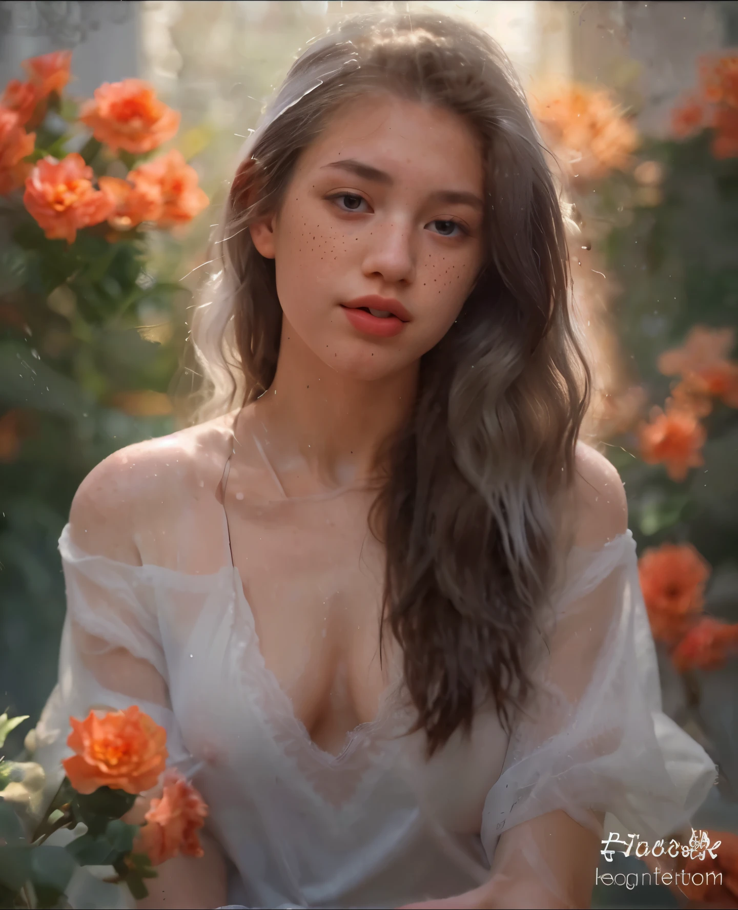 top quality, masterpiece, a high resolution, 8K, одна Young woman, detailed , Young woman, ,pointy nipples,худенькая Young woman,stands on the floor of the obor,small tight ass,without underwear,white transparent tunic,wet lace tunic,tunic just below the back,a little surprised, Slightly open mouth,plump lips, ,Snub-nosed nose,freckles.Long white hair.