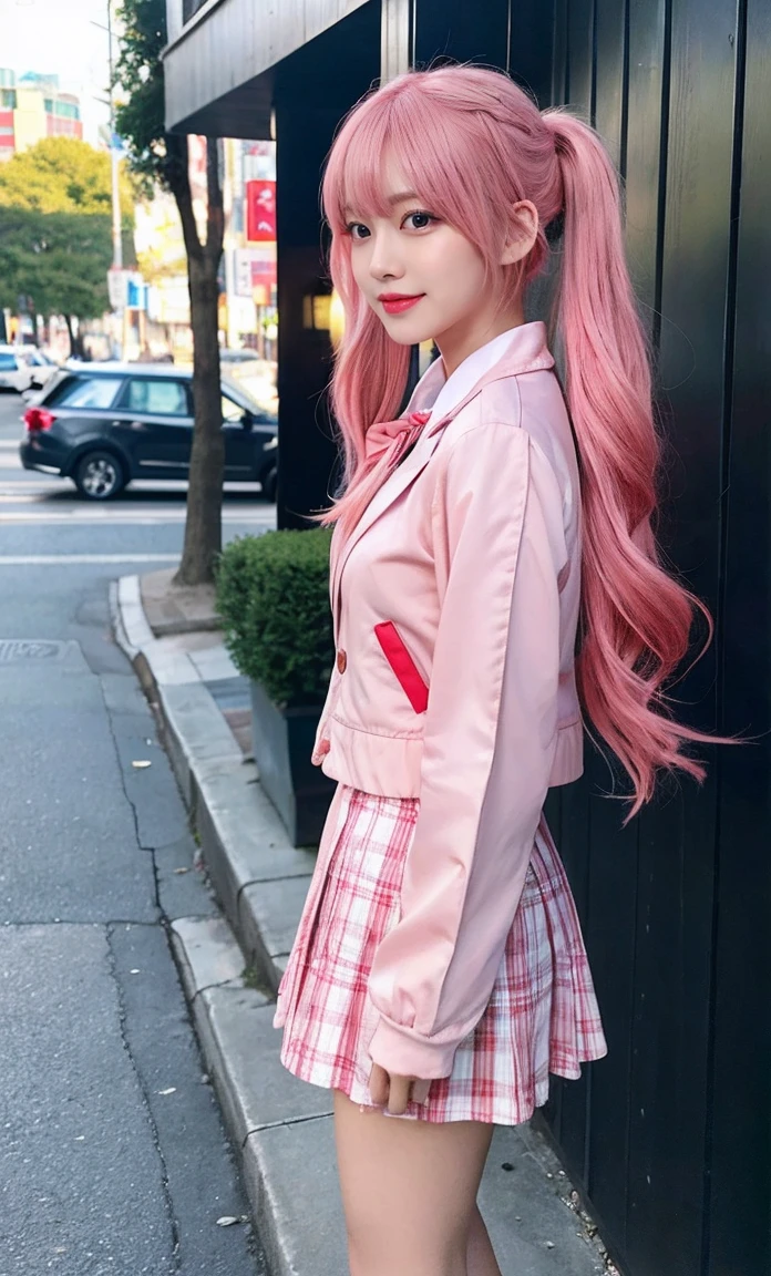 (RAW Photos:1.2)、Full body photo、プロによるFull body photo、highest quality、Beautiful detailed girl、Pink Hair Color、Twin tails、Laughter、Idol、Highly detailed eyes and face、Beautiful and beautiful eyes、Large file size、High resolution、8K wallpaper、wallpaper、The light shines on your face、Cinema Lighting、22-year-old girl、Idolポーズ、(Photorealism:1.4)、Awareness-raising、Super detailed、masterpiece、Red Universal Century Military Uniform(Red jacket、ZAFT military uniform、White mini skirt)、Bob Hair(Shortcuts、Pink Hairstyles、Beautiful pink hair、Green Hair Tie)