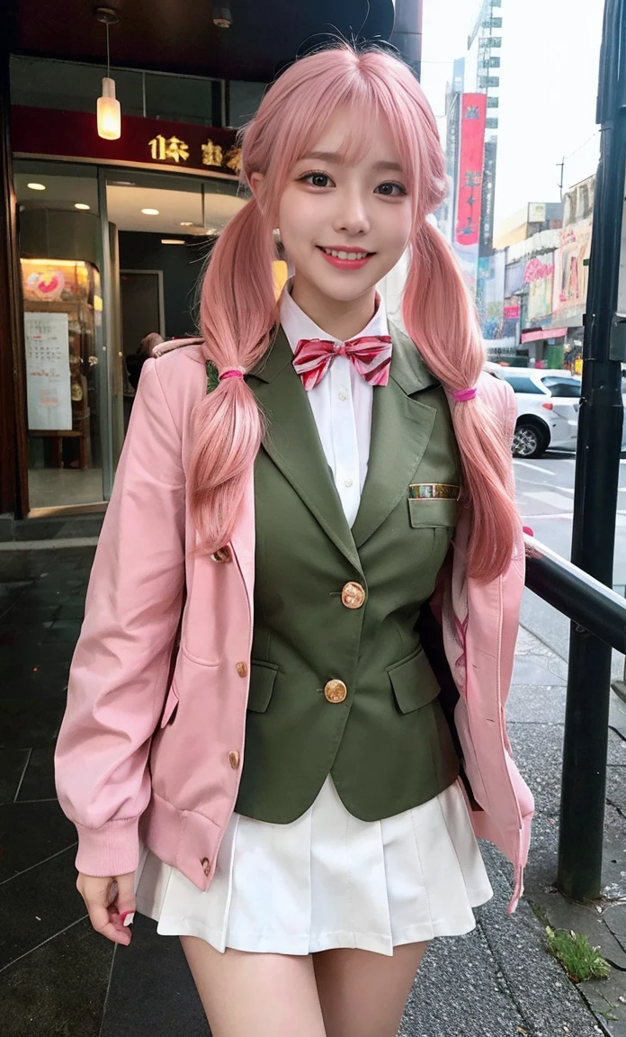 (RAW Photos:1.2)、Full body photo、プロによるFull body photo、highest quality、Beautiful detailed girl、Pink Hair Color、Twin tails、Laughter、Idol、Highly detailed eyes and face、Beautiful and beautiful eyes、Large file size、High resolution、8K wallpaper、wallpaper、The light shines on your face、Cinema Lighting、22-year-old girl、Idolポーズ、(Photorealism:1.4)、Awareness-raising、Super detailed、masterpiece、Red Universal Century Military Uniform(Red jacket、ZAFT military uniform、White mini skirt)、Bob Hair(Shortcuts、Pink Hairstyles、Beautiful pink hair、Green Hair Tie)