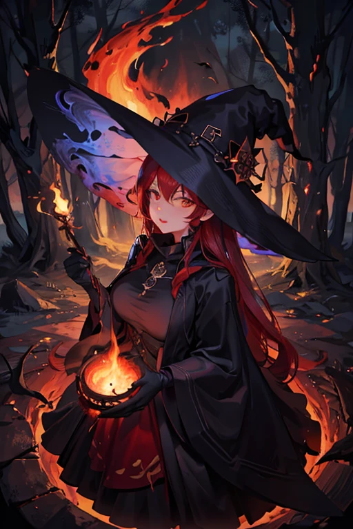 Masterpiece, 8k, MILF witch with huge wearing a black dress and large Witch hat, big full lips, red hair, night, darkness, woods, trees, owl, standing behind a big iron cauldron, flames, (from above:1.4)
