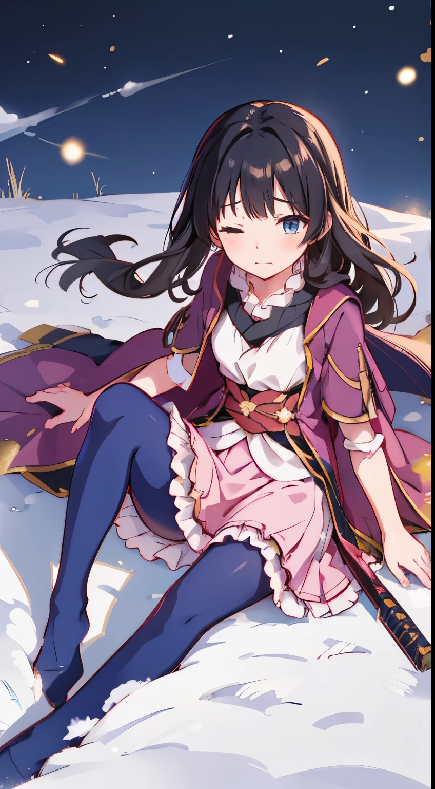 Super detailed, high quality,anime girl in a torn Pink kimono dress, gold chest guard, navy blue skirt, tights,gold leg guards, sitting on a snow covered ground, 13years old,Black hair, Hime cut, eyes closed,full body wuxia,{{injury}}, painful expression,dramatic wielding katana pose, wielding a katana, body{{injury}},all around{{many blood}},8k,nsfw