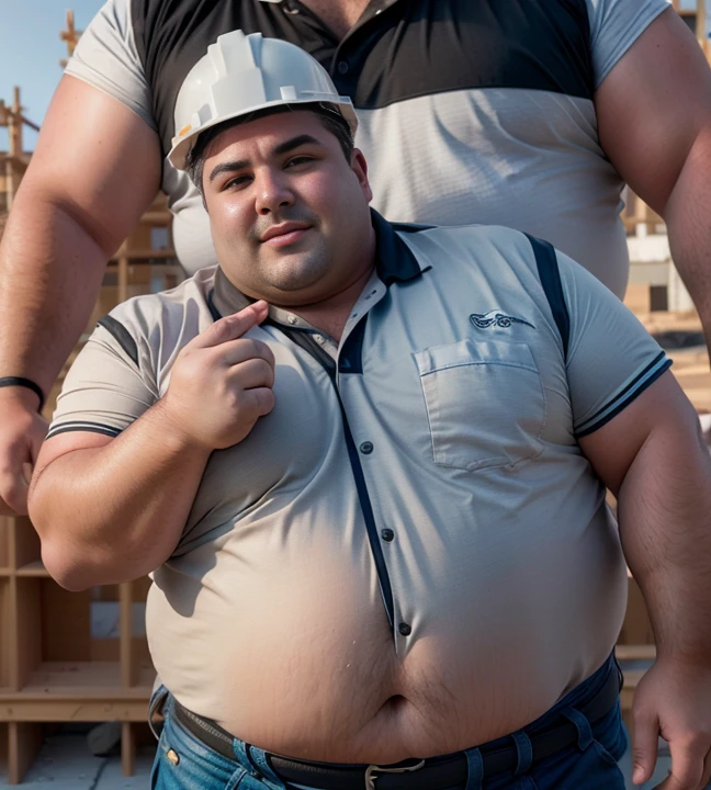 1 chubby man with , gesturing with hands, conversando com o expectador, ((he is a construction worker he is working in construction)). fotografia de Corpo completo imagem de corpo inteiro 