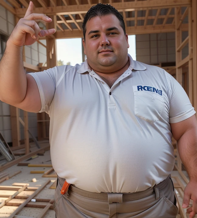1 chubby man with , gesturing with hands, conversando com o expectador, ((he is a construction worker he is working in construction)). fotografia de Corpo completo imagem de corpo inteiro