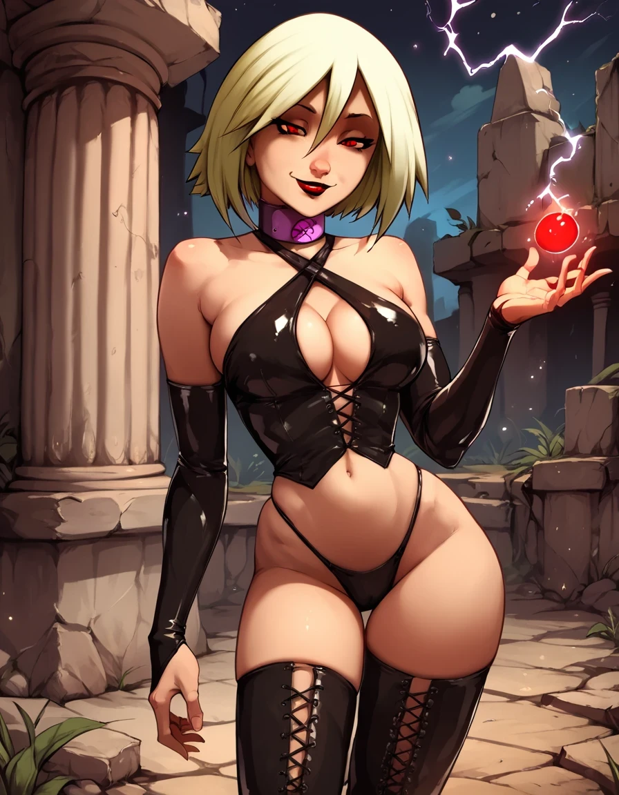 score_9, score_8_up, score_7_up,score_6_up, score_5_up, score_4_up , (((SFW))), RATING_SAFE, 1girl, solo,
large breasts,
Vilga,
blonde hair, short hair, red eyes, lipstick, bangs,
detached sleeves, elbow gloves, thighhighs, collar, belt, criss-cross halter, high heel boots, latex, dominatrix, bridal gauntlets, thong, ruins, night, pillar, light particles,
from front,
smug, half-closed eyes,
magic, electricity,
looking at viewer,
