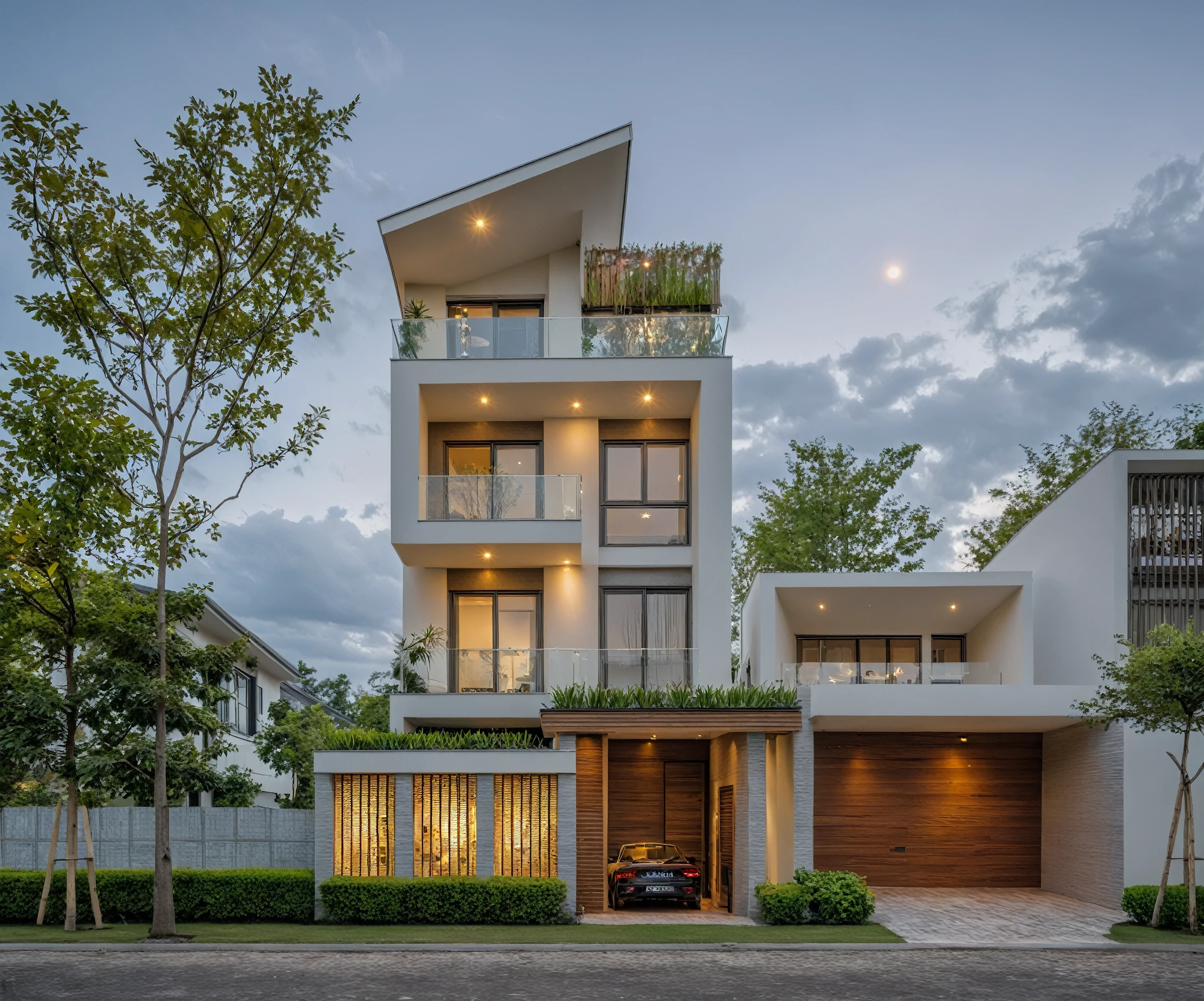 Masterpiece, high quality, best quality, authentic, super detail, outdoors, aiaigroup, house style modern , white wall , pavement, grass, trees, dusk sky, cloud, (daylight:1.1)
