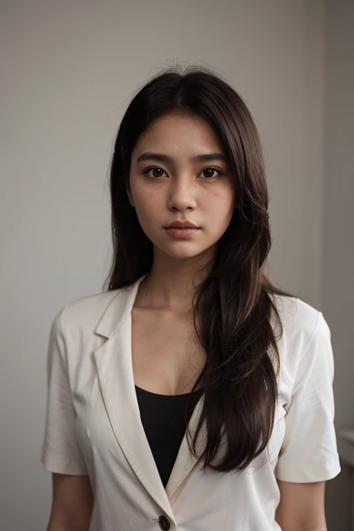 realistic 3d calicature, big head. Indonesian woman, , shoulder length hair, round eyes, 155cm tall, slightly fat, wearing a white shirt, black blazer