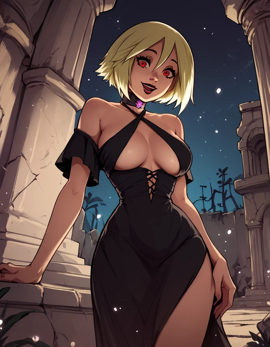 score_9, score_8_up, score_7_up,score_6_up, score_5_up, score_4_up , 1girl, solo,
large breasts, 
Vilga, 
blonde hair, short hair, red eyes, lipstick, bangs,
black dress, choker, off-shoulder dress, halterneck, criss-cross halter,
ruins, night, pillar, light particles,
from below,
smile, open mouth, 
magic,
looking at viewer, 