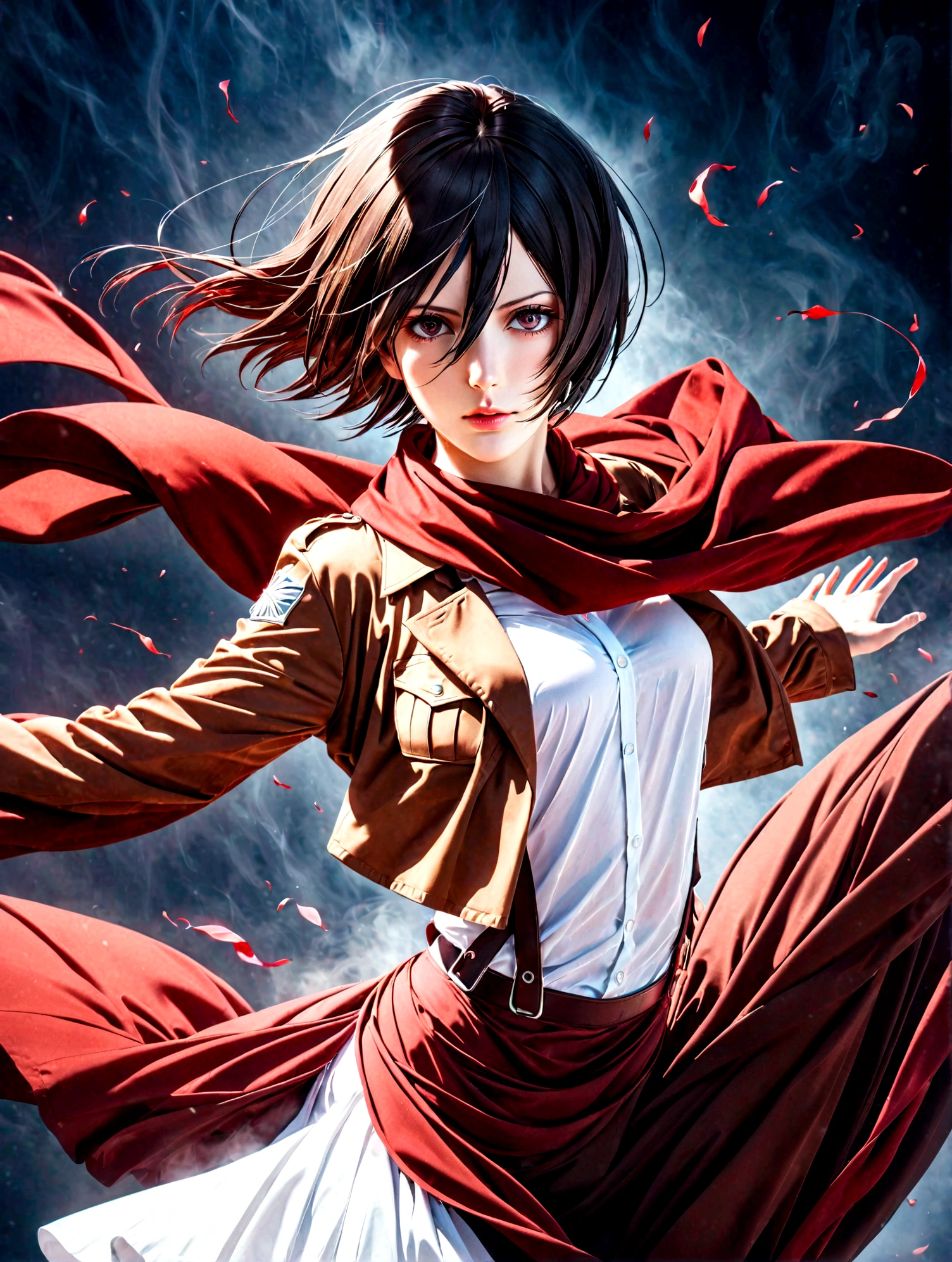 Mikasa ackerman, Red scarf, White shirt, Brown jacket、Mikasa dancing with her hair blowing in the wind, dynamic dance photography, Female dancer, Dramatic Magical Levitation Pose, Portrait of a combat dancer, Flowing fabric, inspired By Maciej Kučara, Sensual dance, By Maciej Kučara, Ballerina dancing in the smoke, By Fabien Charlot, A surprisingly young and mysterious person